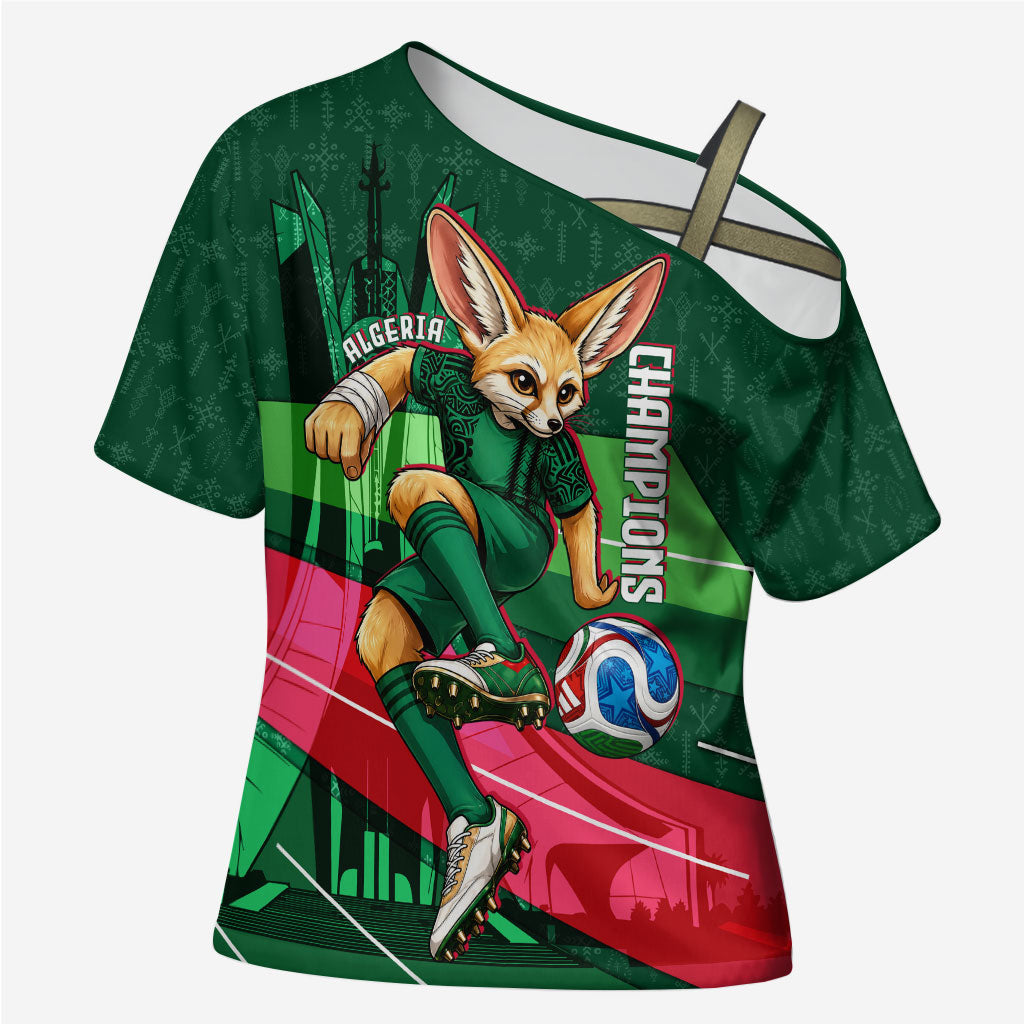 Personalized Algeria Football Champions Cross Shoulder Shirt Fennec Fox Mascot - Algiers Martyrs Memorial