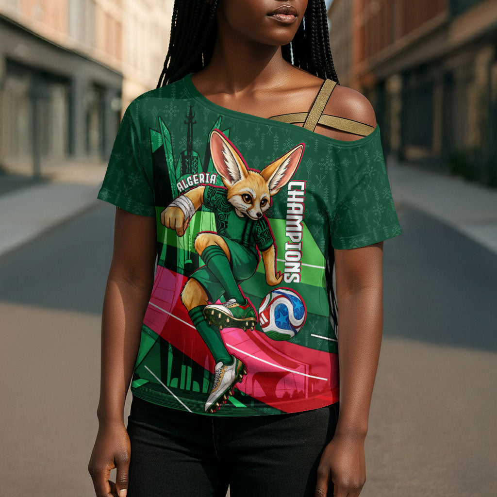 Personalized Algeria Football Champions Cross Shoulder Shirt Fennec Fox Mascot - Algiers Martyrs Memorial