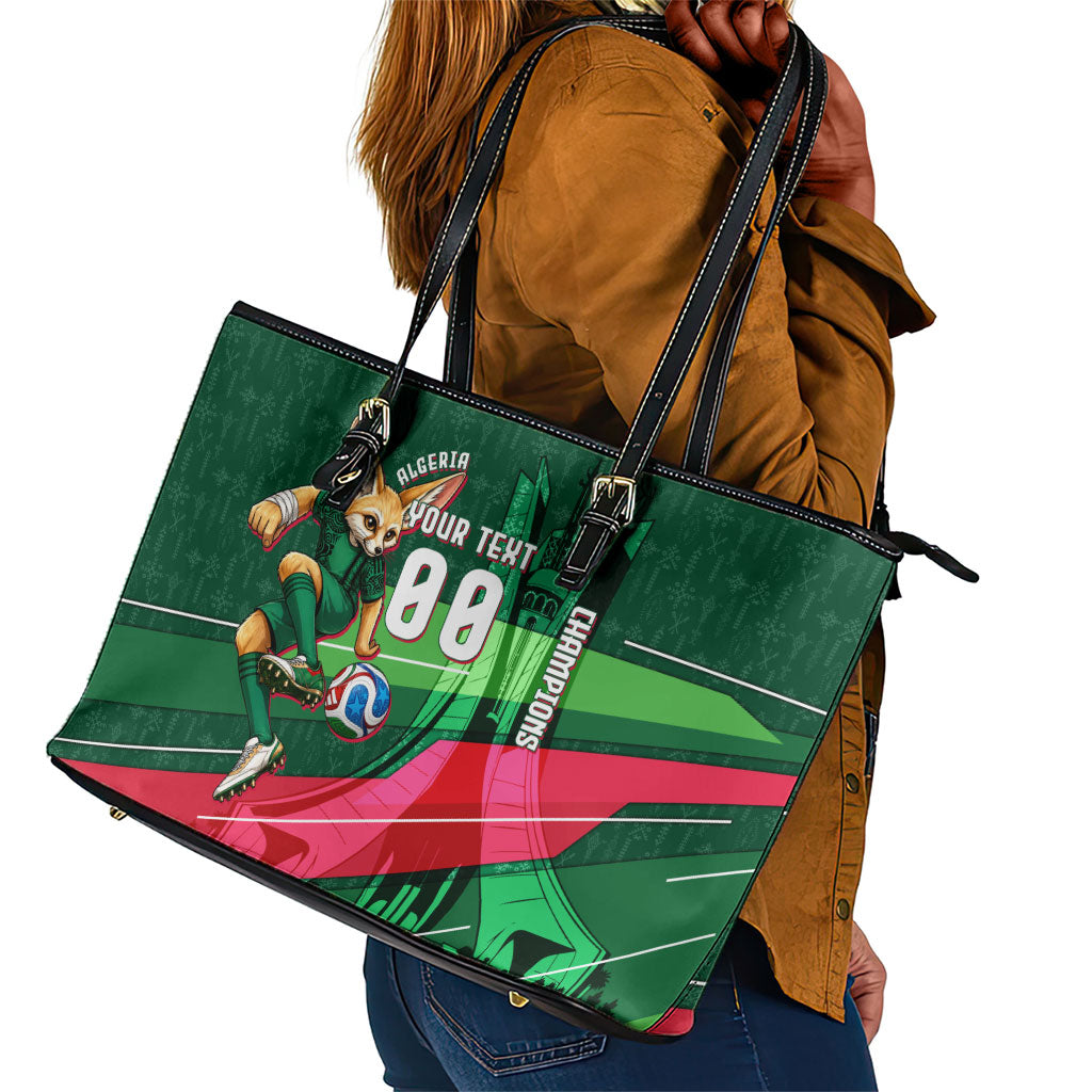 Personalized Algeria Football Champions Leather Tote Bag Fennec Fox Mascot - Algiers Martyrs Memorial