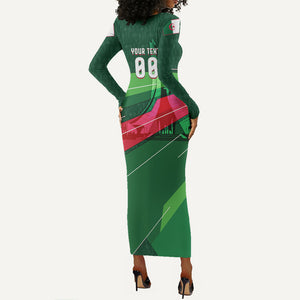 Personalized Algeria Football Champions Long Sleeve Bodycon Dress Fennec Fox Mascot - Algiers Martyrs Memorial