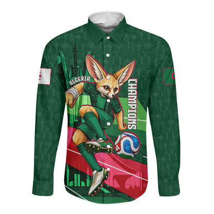 Personalized Algeria Football Champions Long Sleeve Button Shirt Fennec Fox Mascot - Algiers Martyrs Memorial