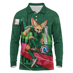 Personalized Algeria Football Champions Long Sleeve Polo Shirt Fennec Fox Mascot - Algiers Martyrs Memorial