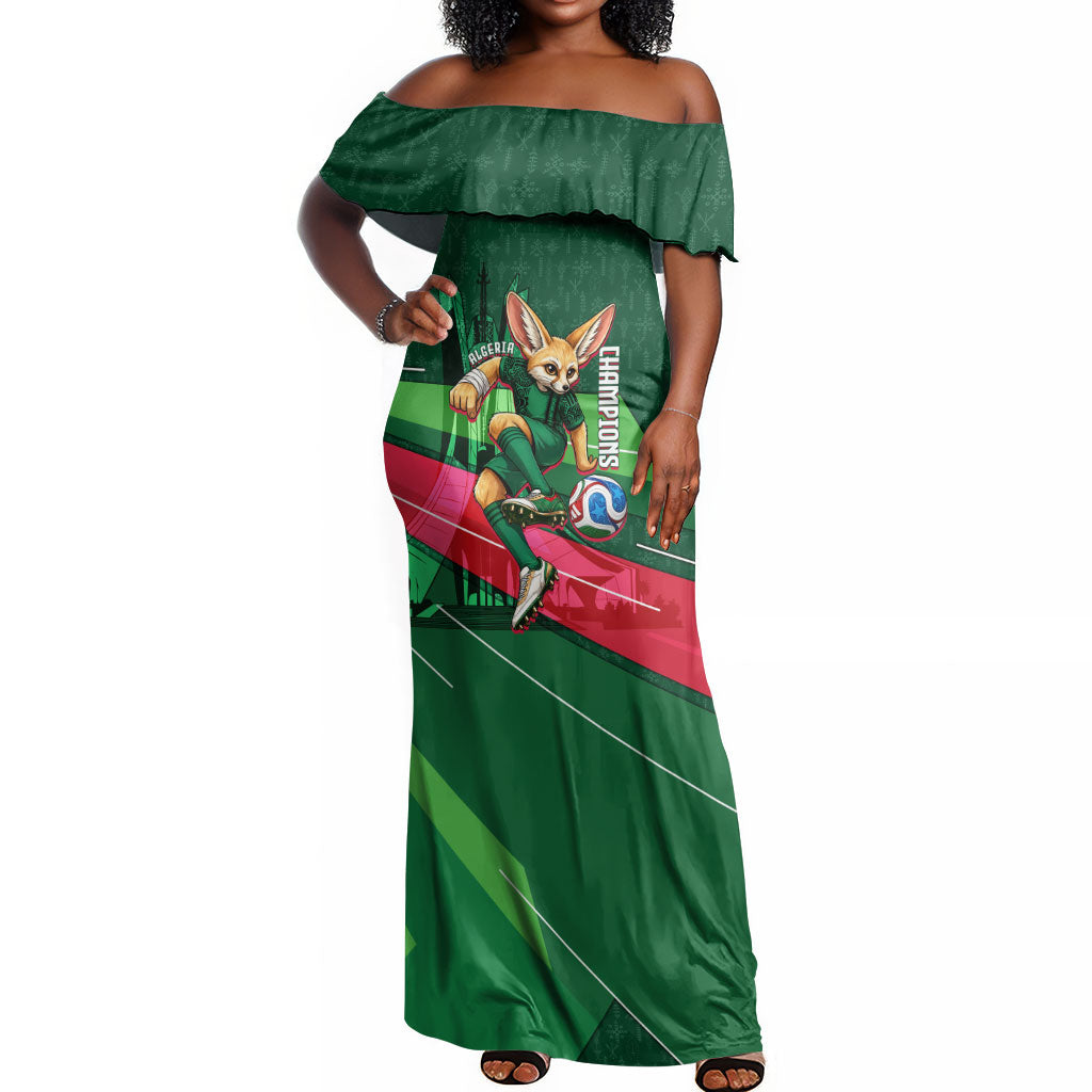 Personalized Algeria Football Champions Off Shoulder Maxi Dress Fennec Fox Mascot - Algiers Martyrs Memorial