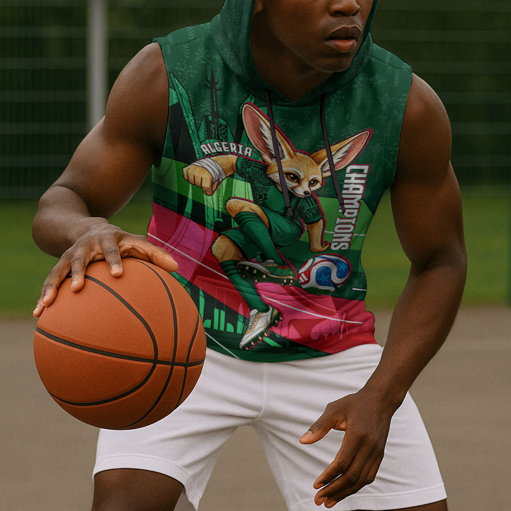 Personalized Algeria Football Champions Sleeveless Hoodie Fennec Fox Mascot - Algiers Martyrs Memorial