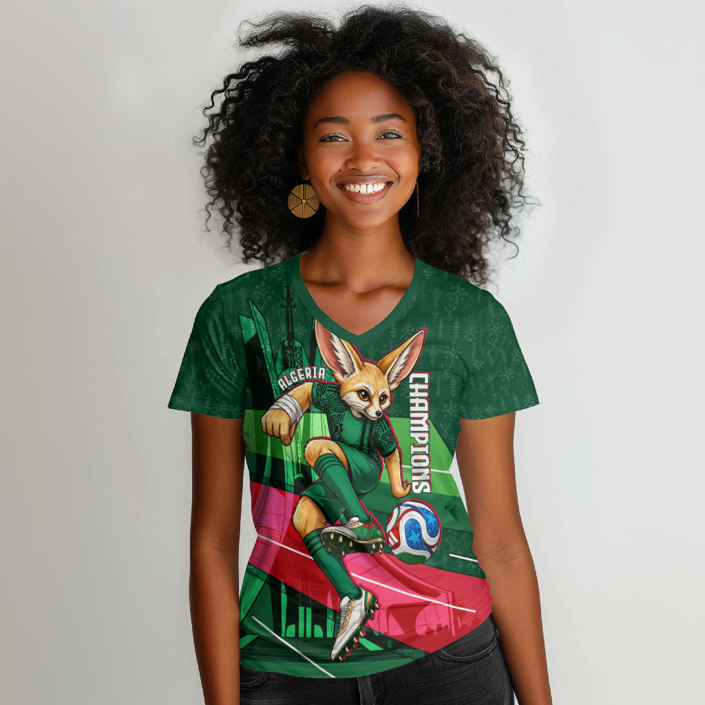 Personalized Algeria Football Champions Women V-Neck T-Shirt Fennec Fox Mascot - Algiers Martyrs Memorial