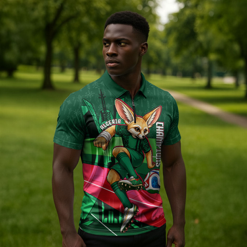 Personalized Algeria Football Champions Zipper Polo Shirt Fennec Fox Mascot - Algiers Martyrs Memorial