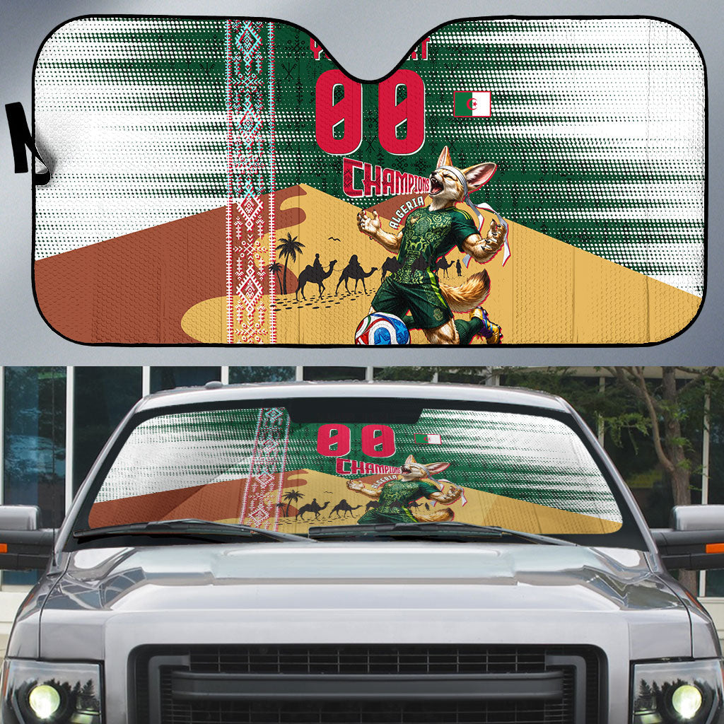 Personalized Algeria Champions Football 2026 Auto Sun Shade Fennec Fox Victory Mascot - Traditional Berber Pattern