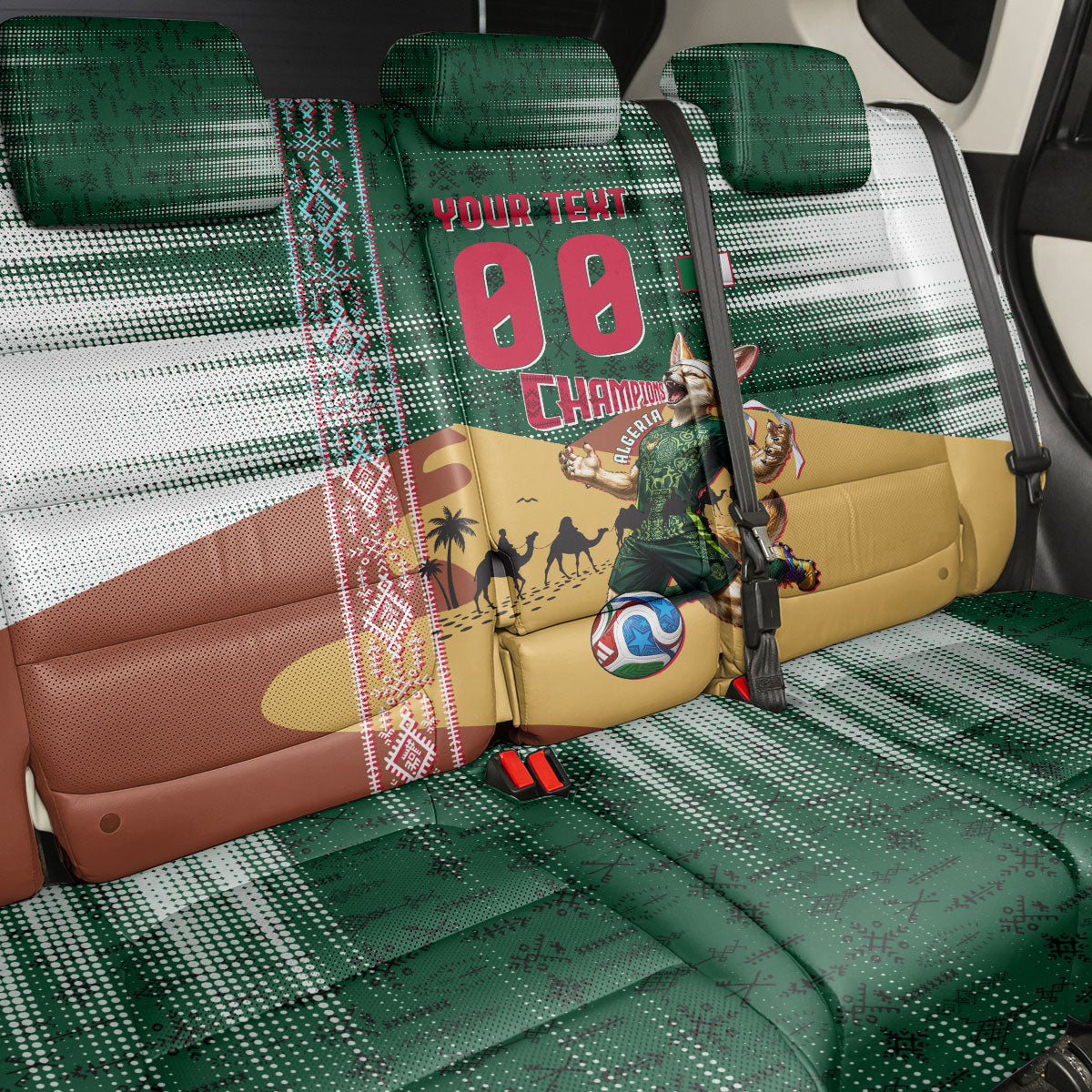 Personalized Algeria Champions Football 2026 Back Car Seat Cover Fennec Fox Victory Mascot - Traditional Berber Pattern