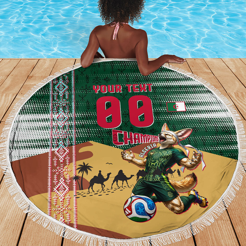 Personalized Algeria Champions Football 2026 Beach Blanket Fennec Fox Victory Mascot - Traditional Berber Pattern