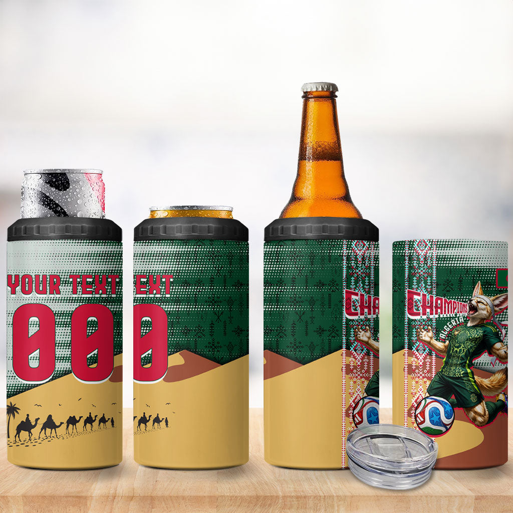 Personalized Algeria Champions Football 2026 4 in 1 Can Cooler Tumbler Fennec Fox Victory Mascot - Traditional Berber Pattern