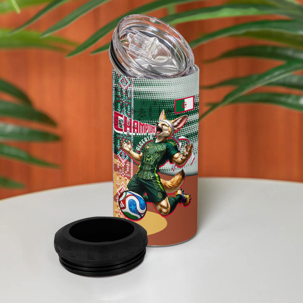 Personalized Algeria Champions Football 2026 4 in 1 Can Cooler Tumbler Fennec Fox Victory Mascot - Traditional Berber Pattern