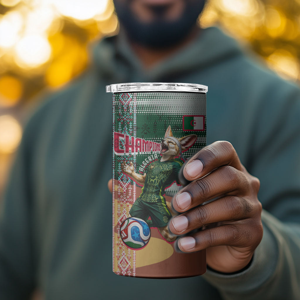 Personalized Algeria Champions Football 2026 4 in 1 Can Cooler Tumbler Fennec Fox Victory Mascot - Traditional Berber Pattern