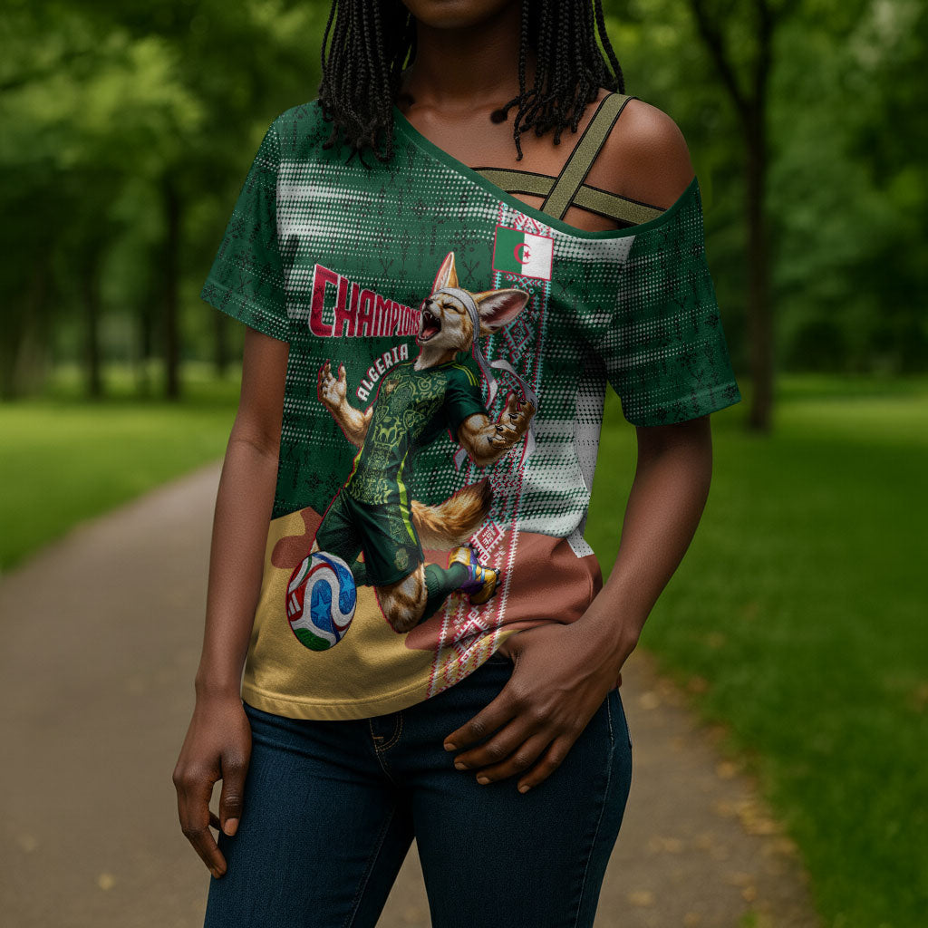 Personalized Algeria Champions Football 2026 Cross Shoulder Shirt Fennec Fox Victory Mascot - Traditional Berber Pattern