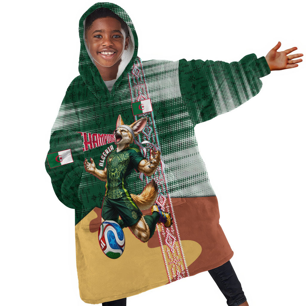 Personalized Algeria Champions Football 2026 Kid Wearable Blanket Hoodie Fennec Fox Victory Mascot - Traditional Berber Pattern