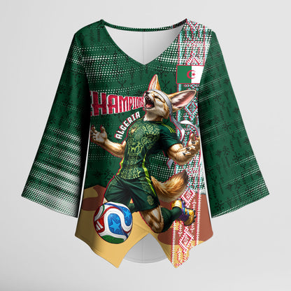 Personalized Algeria Champions Football 2026 Kimono Sleeve Blouse Fennec Fox Victory Mascot - Traditional Berber Pattern