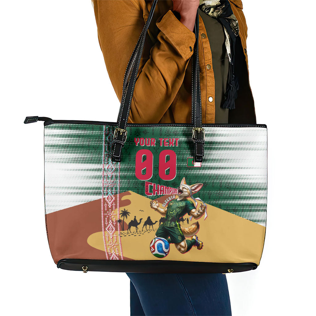Personalized Algeria Champions Football 2026 Leather Tote Bag Fennec Fox Victory Mascot - Traditional Berber Pattern