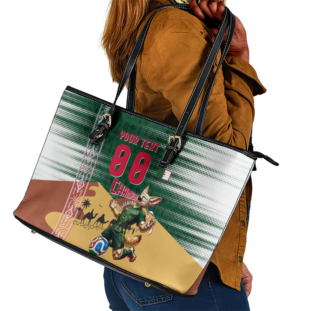 Personalized Algeria Champions Football 2026 Leather Tote Bag Fennec Fox Victory Mascot - Traditional Berber Pattern