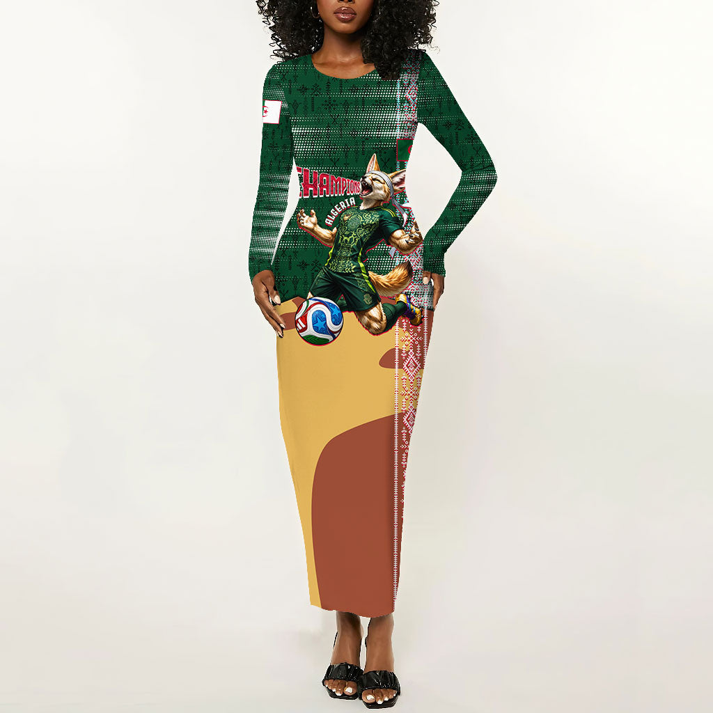 Personalized Algeria Champions Football 2026 Long Sleeve Bodycon Dress Fennec Fox Victory Mascot - Traditional Berber Pattern