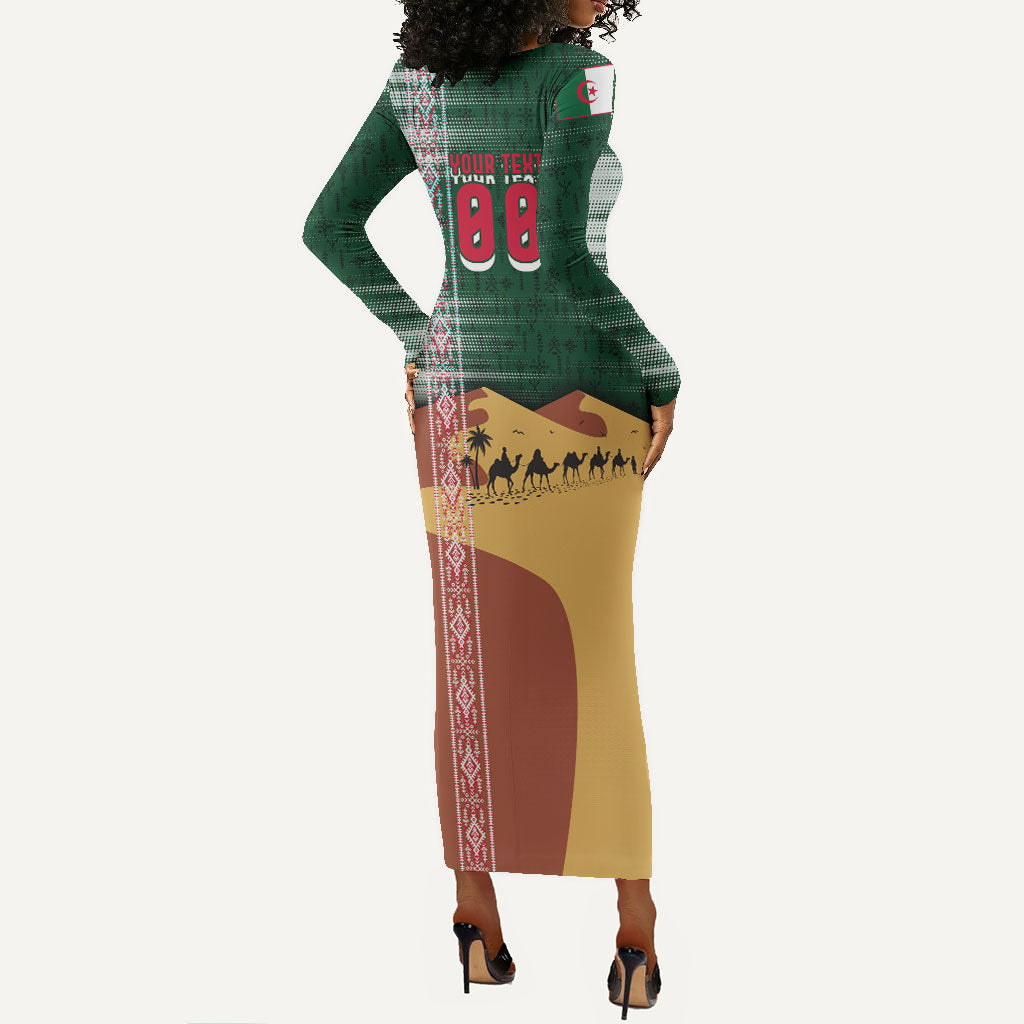 Personalized Algeria Champions Football 2026 Long Sleeve Bodycon Dress Fennec Fox Victory Mascot - Traditional Berber Pattern