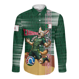 Personalized Algeria Champions Football 2026 Long Sleeve Button Shirt Fennec Fox Victory Mascot - Traditional Berber Pattern