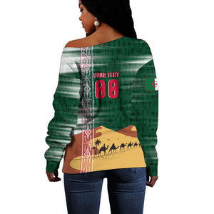 Personalized Algeria Champions Football 2026 Off Shoulder Sweater Fennec Fox Victory Mascot - Traditional Berber Pattern
