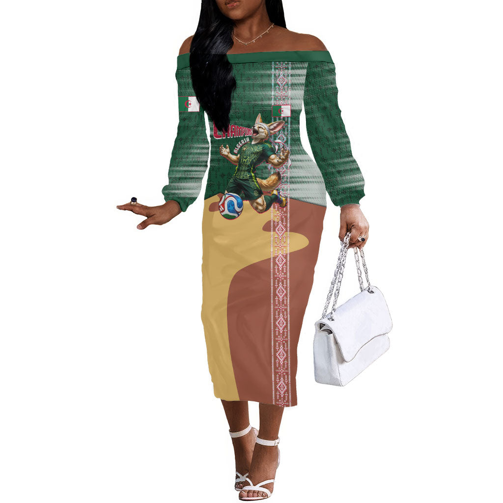 Personalized Algeria Champions Football 2026 Off The Shoulder Long Sleeve Dress Fennec Fox Victory Mascot - Traditional Berber Pattern