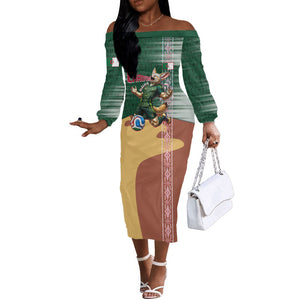 Personalized Algeria Champions Football 2026 Off The Shoulder Long Sleeve Dress Fennec Fox Victory Mascot - Traditional Berber Pattern