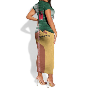 Personalized Algeria Champions Football 2026 Short Sleeve Bodycon Dress Fennec Fox Victory Mascot - Traditional Berber Pattern