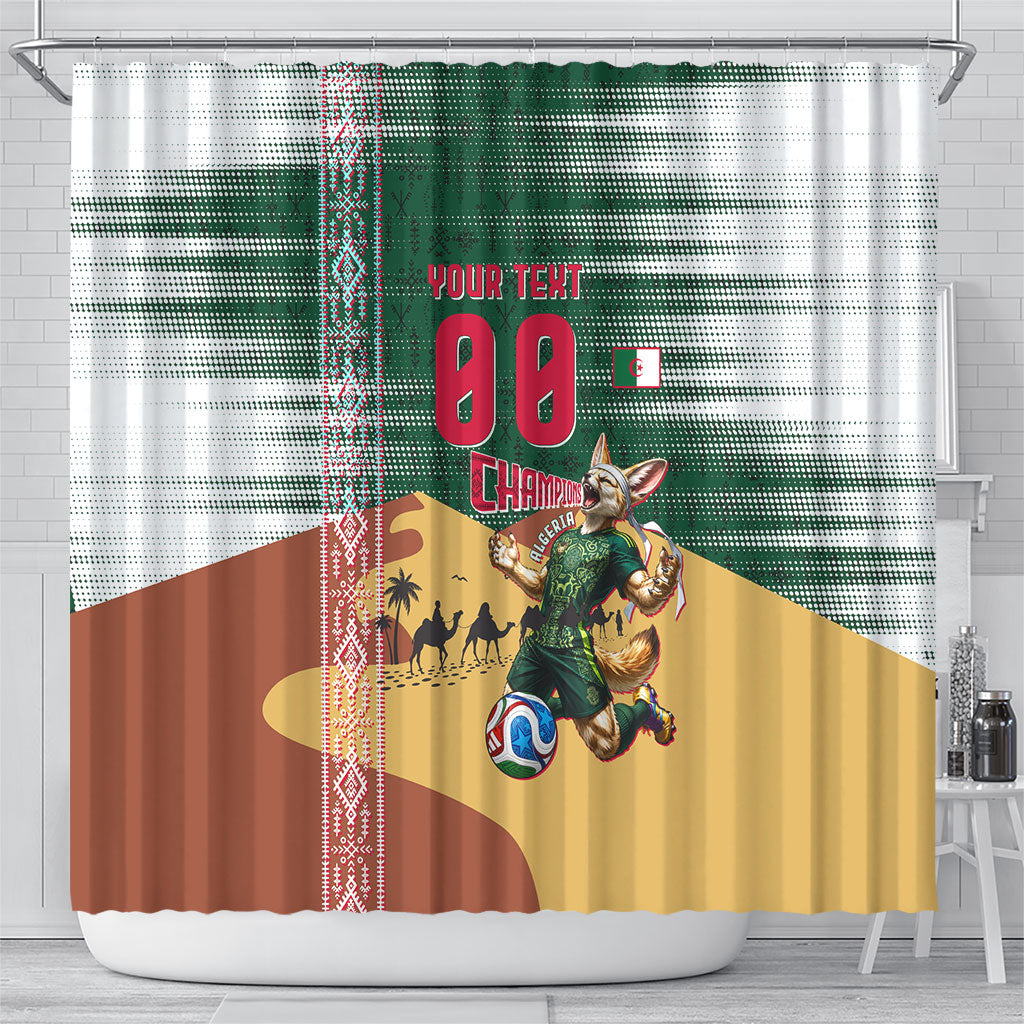 Personalized Algeria Champions Football 2026 Shower Curtain Fennec Fox Victory Mascot - Traditional Berber Pattern