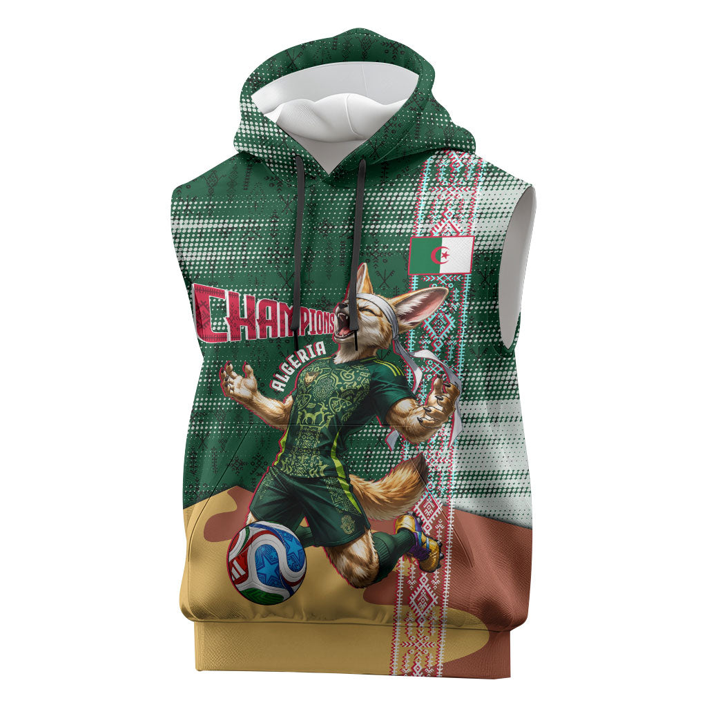 Personalized Algeria Champions Football 2026 Sleeveless Hoodie Fennec Fox Victory Mascot - Traditional Berber Pattern