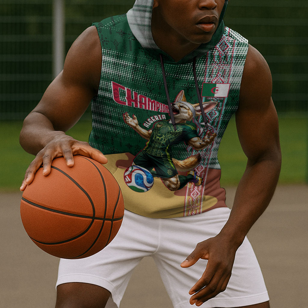 Personalized Algeria Champions Football 2026 Sleeveless Hoodie Fennec Fox Victory Mascot - Traditional Berber Pattern