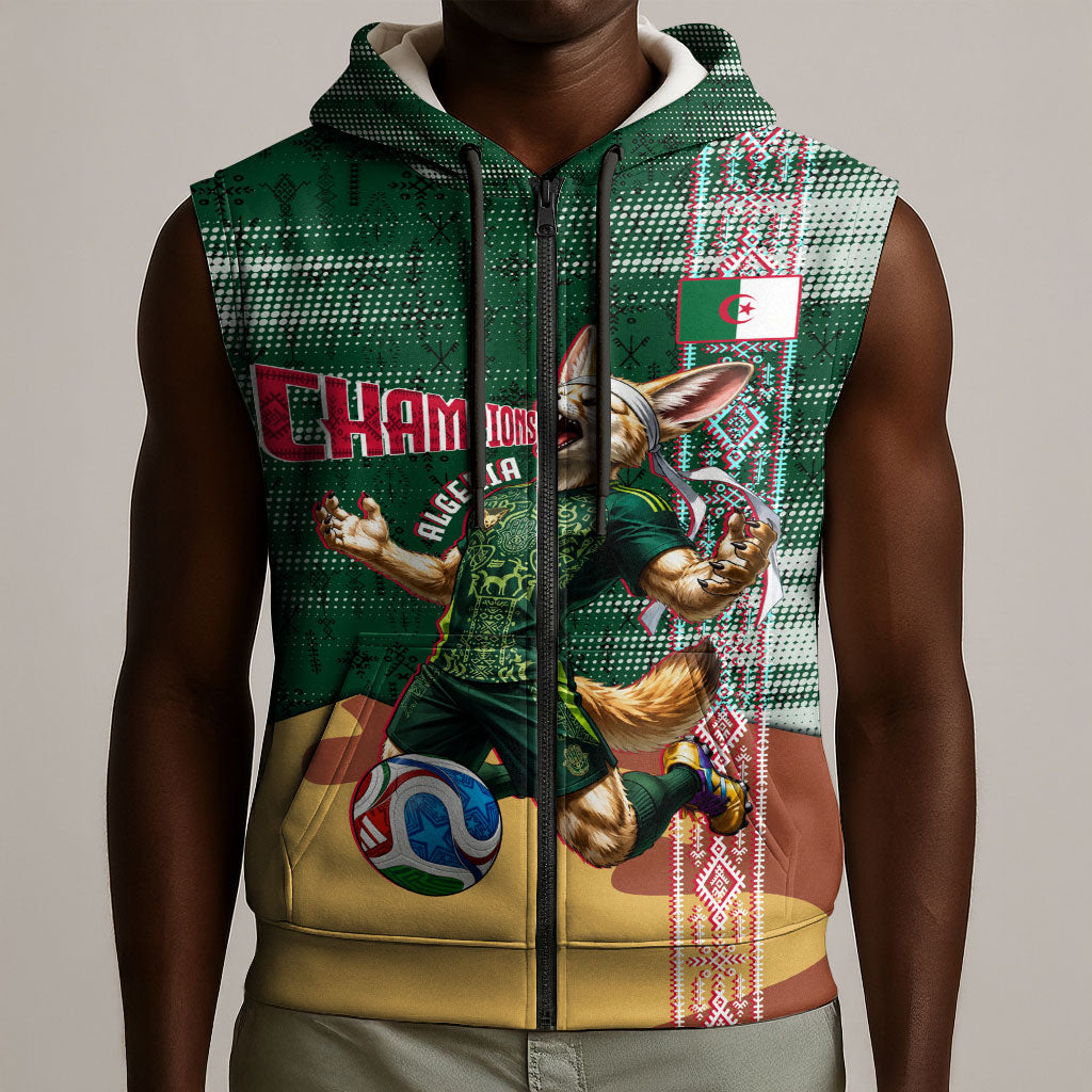 Personalized Algeria Champions Football 2026 Sleeveless Zip Hoodie Fennec Fox Victory Mascot - Traditional Berber Pattern