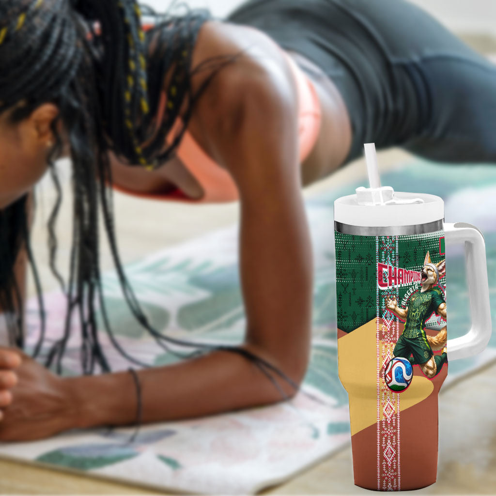 Personalized Algeria Champions Football 2026 Tumbler With Handle Fennec Fox Victory Mascot - Traditional Berber Pattern