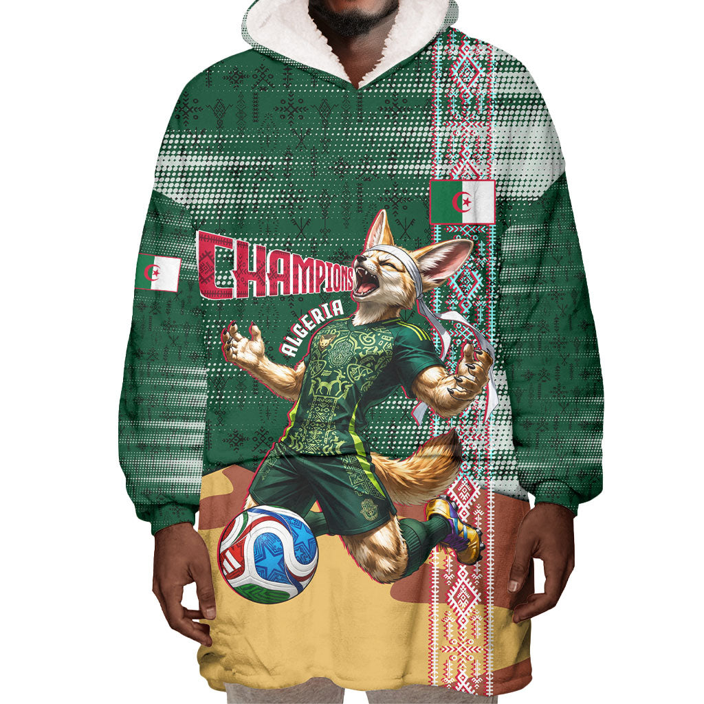 Personalized Algeria Champions Football 2026 Wearable Blanket Hoodie Fennec Fox Victory Mascot - Traditional Berber Pattern