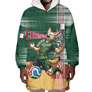 Personalized Algeria Champions Football 2026 Wearable Blanket Hoodie Fennec Fox Victory Mascot - Traditional Berber Pattern