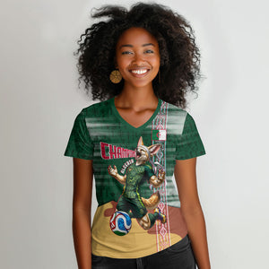 Personalized Algeria Champions Football 2026 Women V-Neck T-Shirt Fennec Fox Victory Mascot - Traditional Berber Pattern