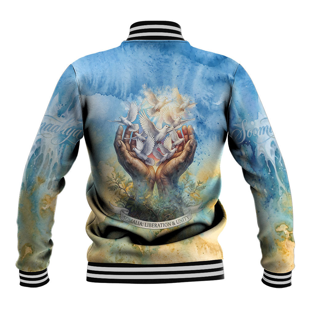 Somalia Liberation Unity Baseball Jacket Soomaaliya Script Peace Dove Watercolor
