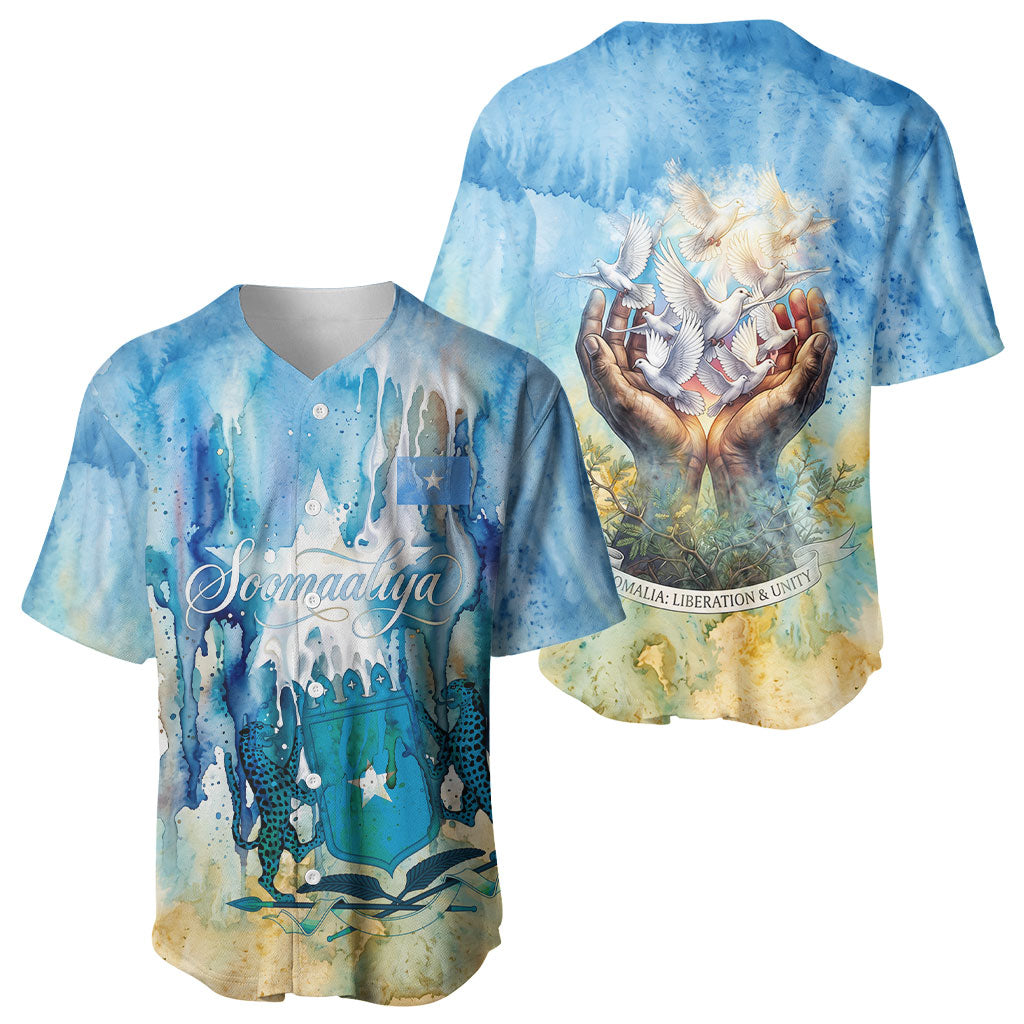 Somalia Liberation Unity Baseball Jersey Soomaaliya Script Peace Dove Watercolor
