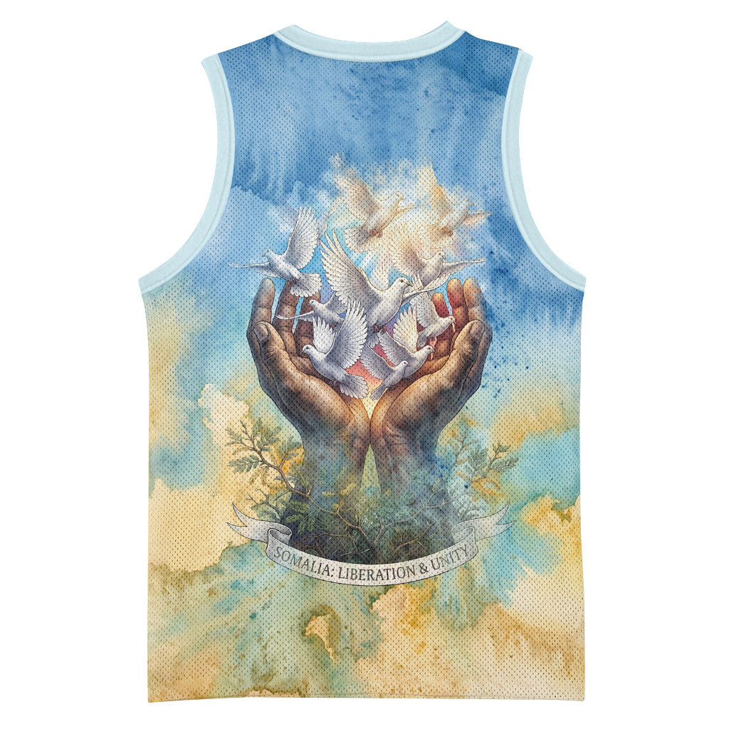 Somalia Liberation Unity Basketball Jersey Soomaaliya Script Peace Dove Watercolor