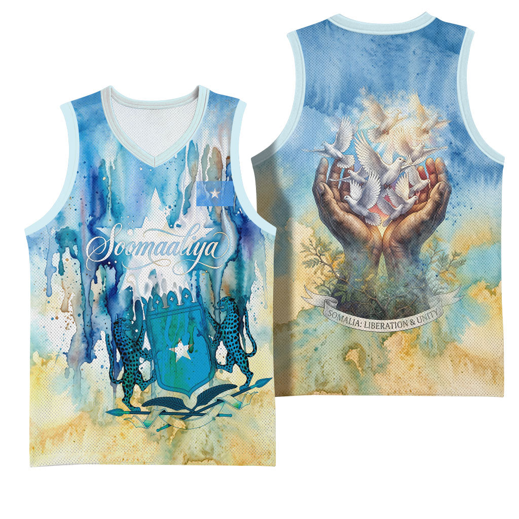 Somalia Liberation Unity Basketball Jersey Soomaaliya Script Peace Dove Watercolor