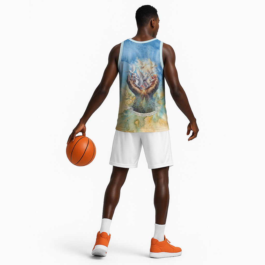 Somalia Liberation Unity Basketball Jersey Soomaaliya Script Peace Dove Watercolor