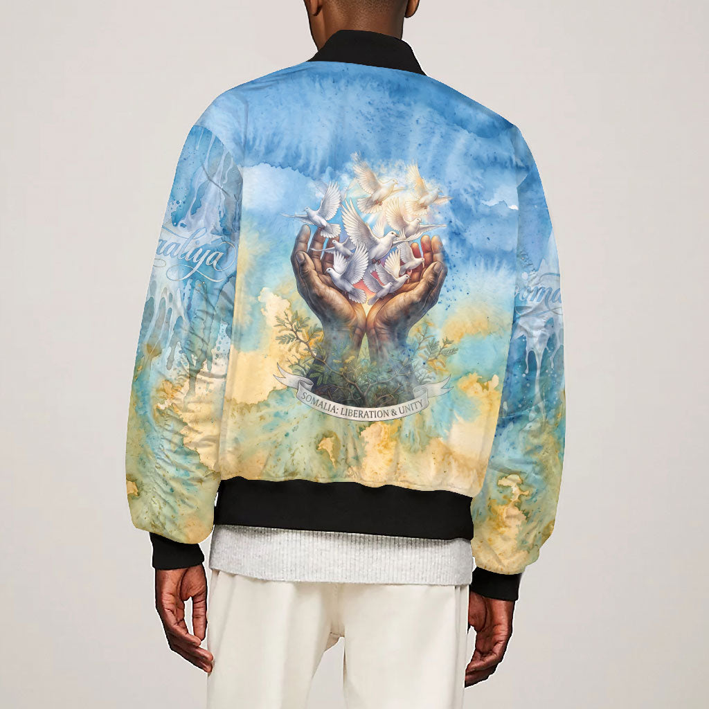 Somalia Liberation Unity Bomber Jacket Soomaaliya Script Peace Dove Watercolor