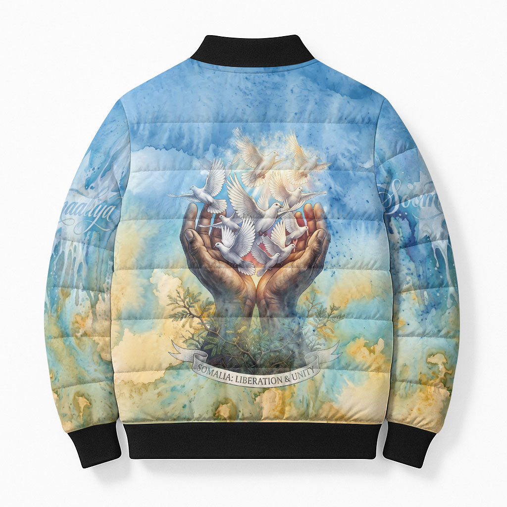 Somalia Liberation Unity Bomber Puffer Jacket Soomaaliya Script Peace Dove Watercolor