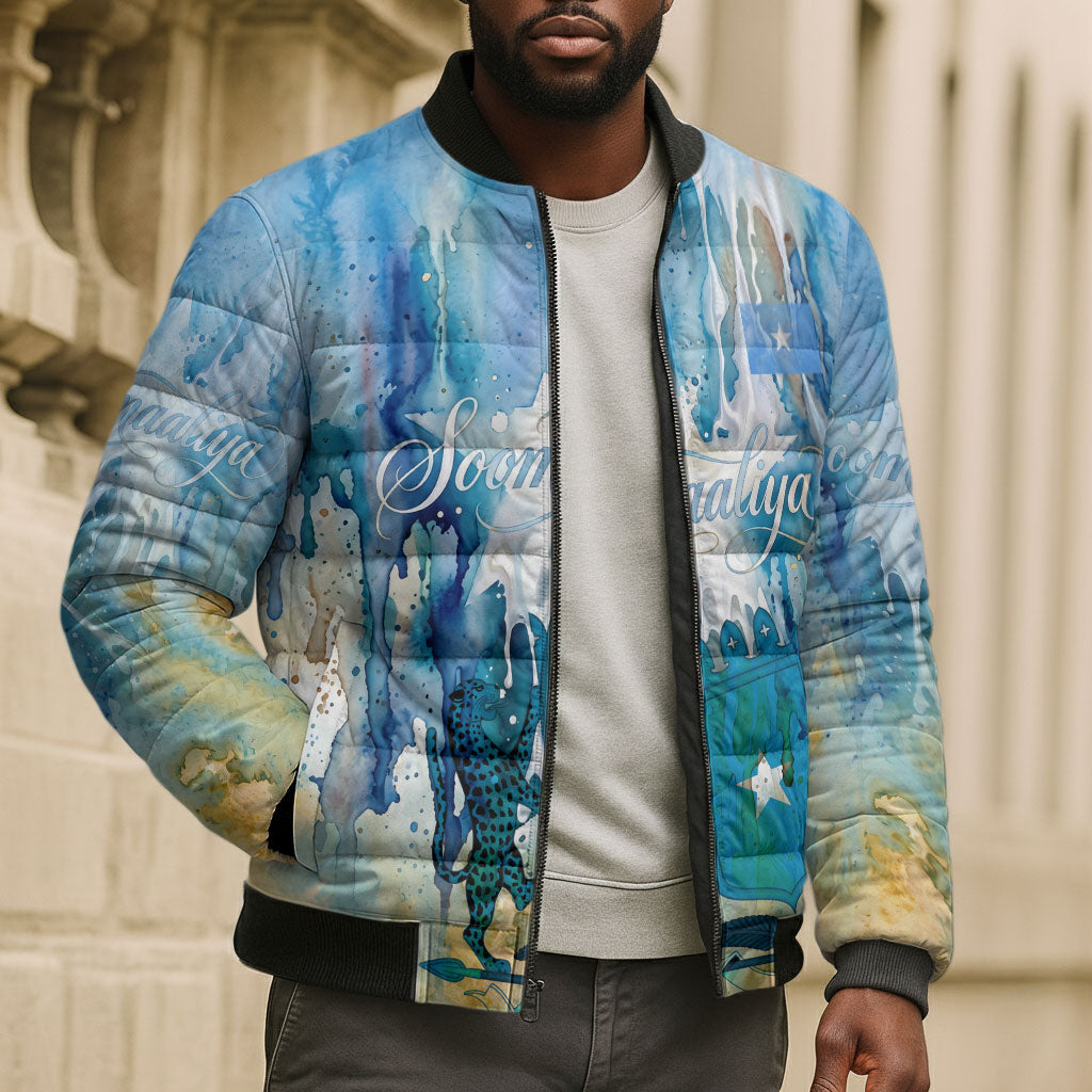 Somalia Liberation Unity Bomber Puffer Jacket Soomaaliya Script Peace Dove Watercolor