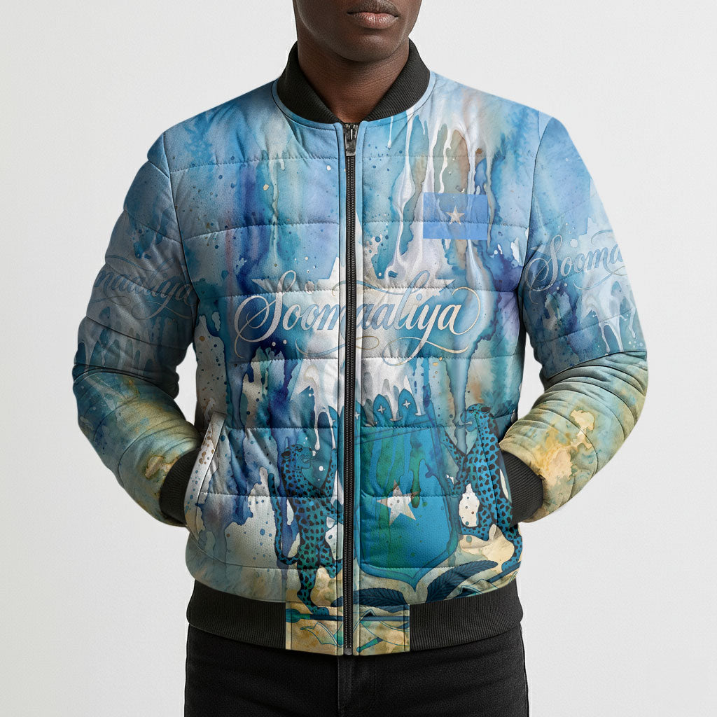 Somalia Liberation Unity Bomber Puffer Jacket Soomaaliya Script Peace Dove Watercolor