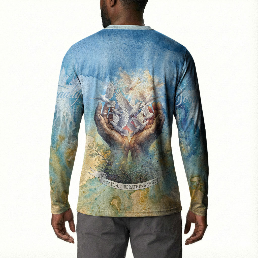 Somalia Liberation Unity Button Sweatshirt Soomaaliya Script Peace Dove Watercolor