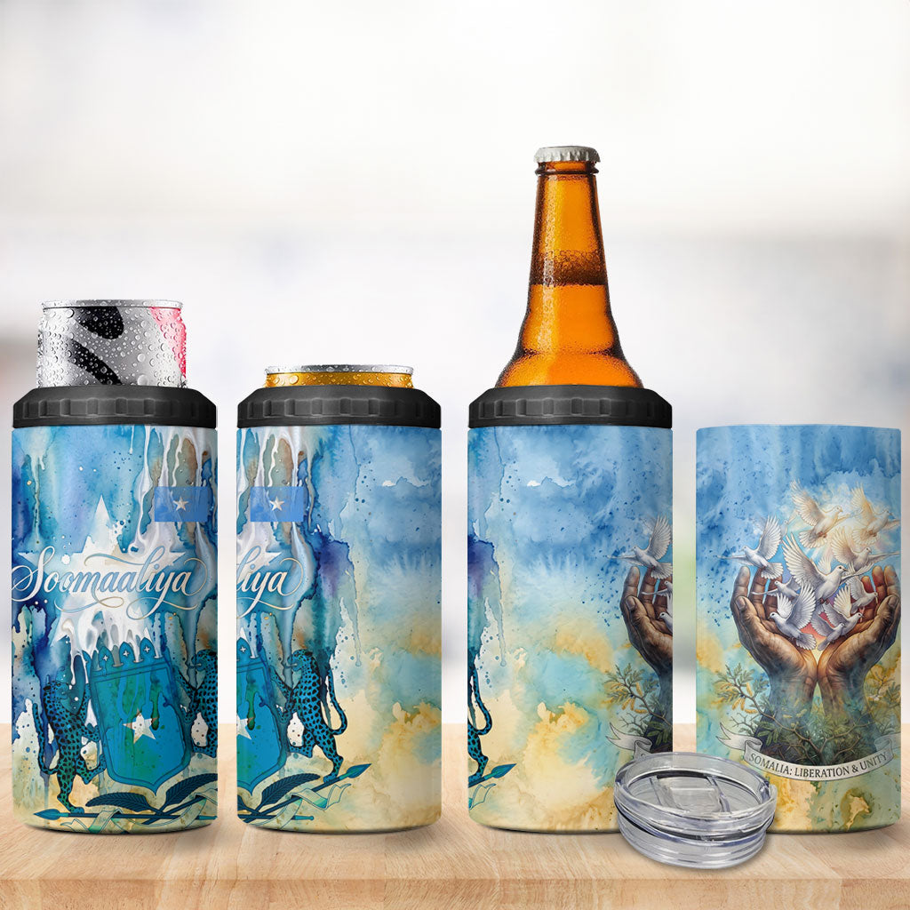 Somalia Liberation Unity 4 in 1 Can Cooler Tumbler Soomaaliya Script Peace Dove Watercolor