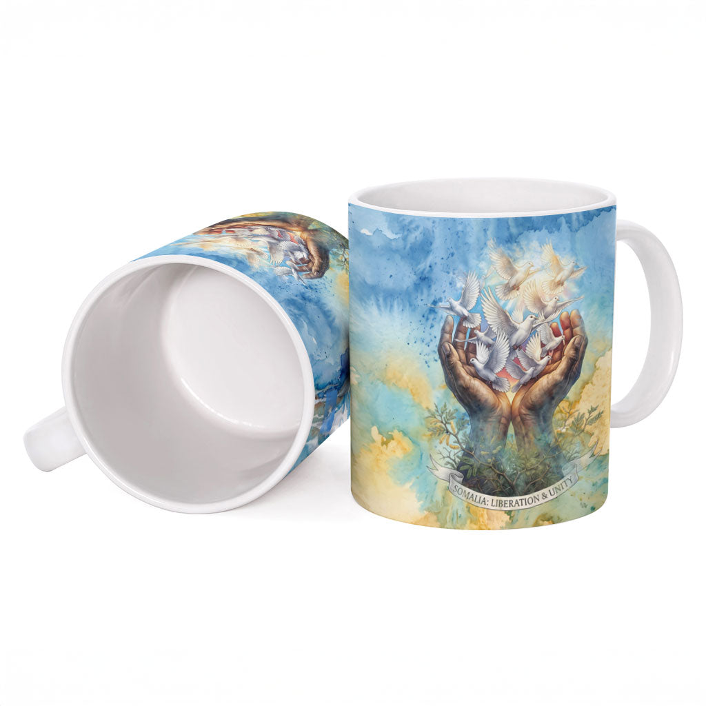 Somalia Liberation Unity Ceramic Mug Soomaaliya Script Peace Dove Watercolor