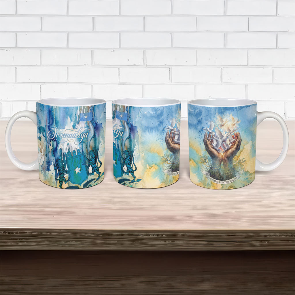 Somalia Liberation Unity Ceramic Mug Soomaaliya Script Peace Dove Watercolor