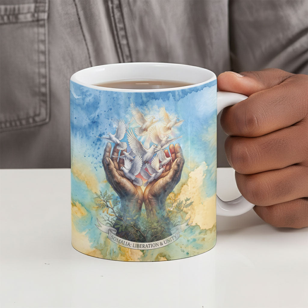 Somalia Liberation Unity Ceramic Mug Soomaaliya Script Peace Dove Watercolor